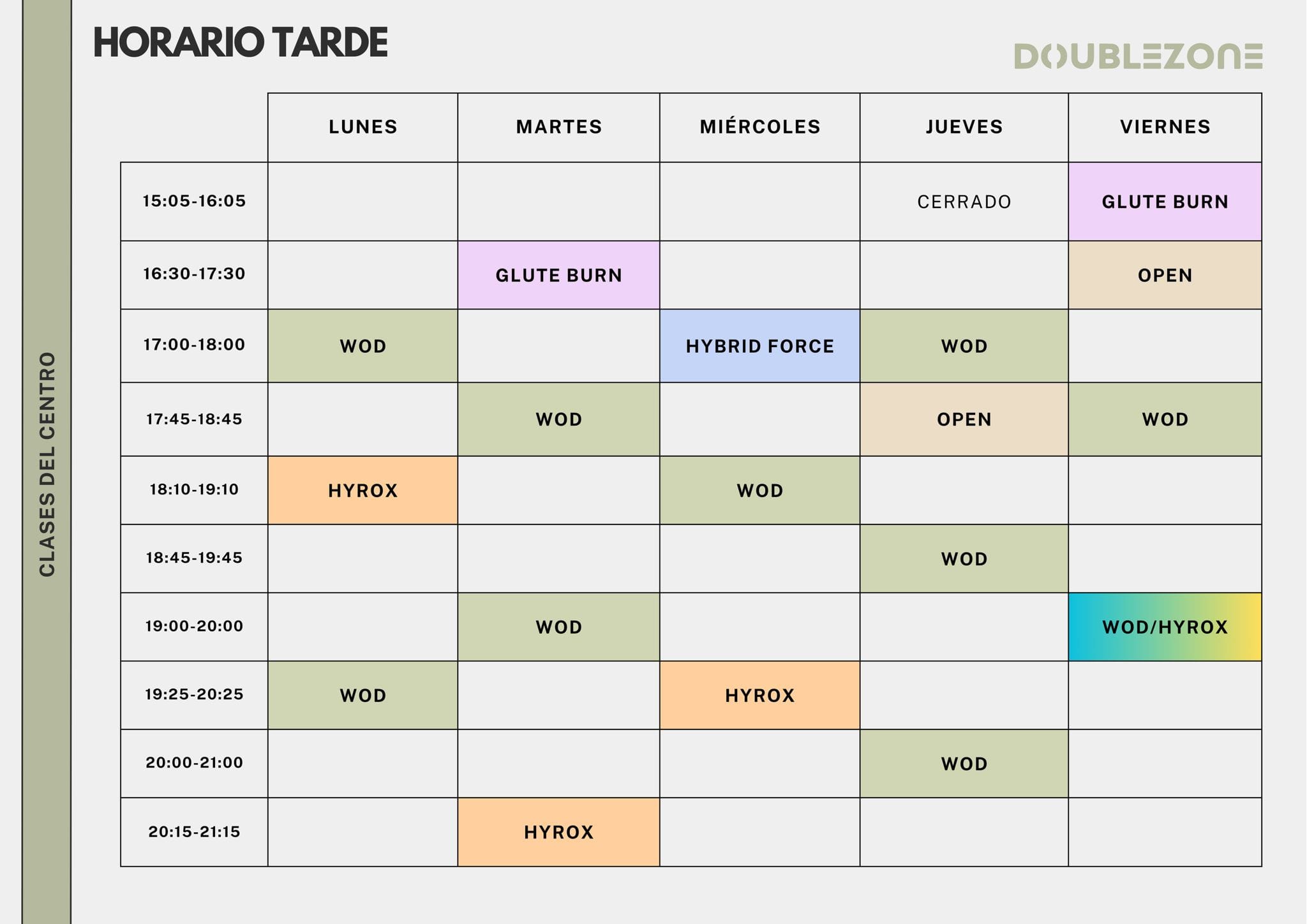 Horario de clases de tarde gimnasio DoubleZone La Garriga - WOD, HYROX y entrenamientos vespertinos